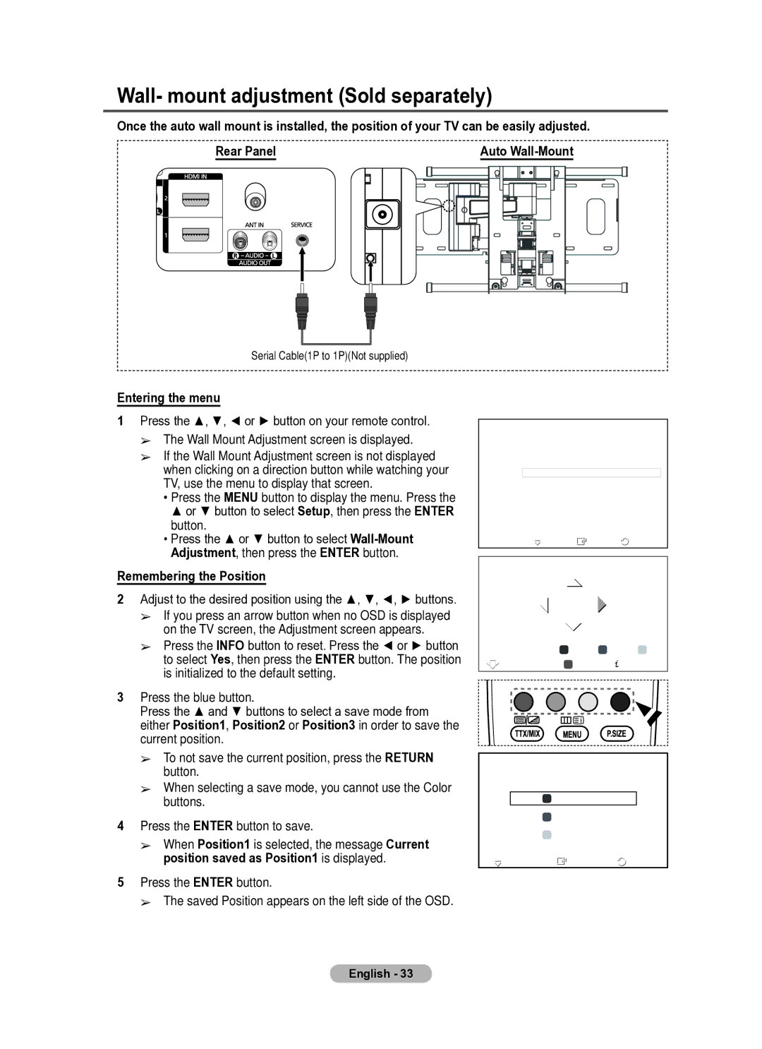 Samsung PS42A410, PS50A410 manual Wall- mount adjustment Sold separately, Entering the menu, Remembering the Position 