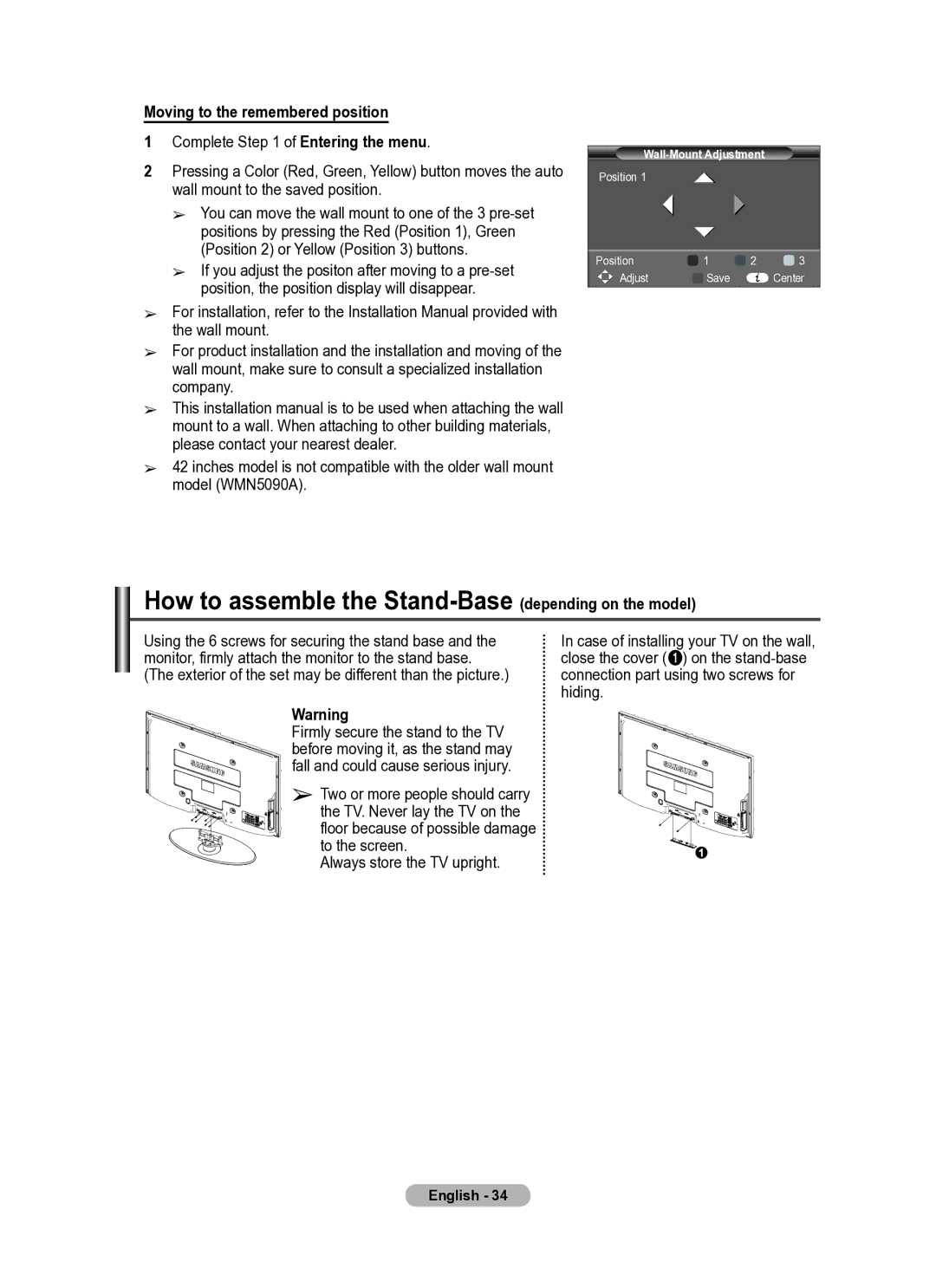 Samsung PS50A410, PS42A410 manual How to assemble the Stand-Base depending on the model, Moving to the remembered position 