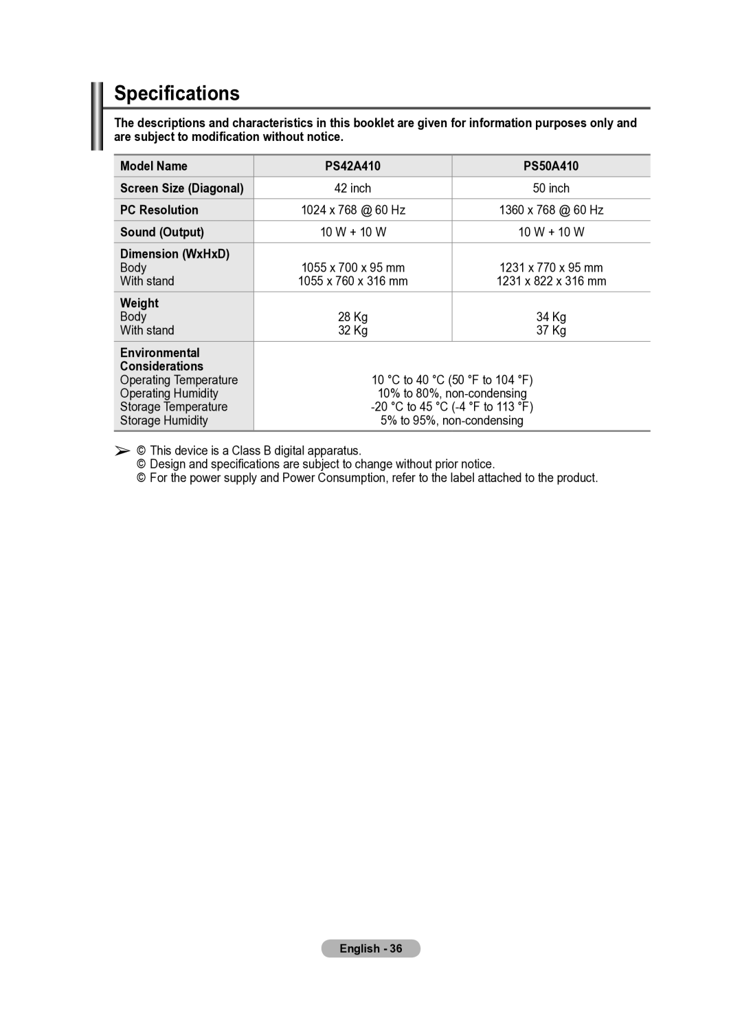 Samsung PS50A410, PS42A410 manual Specifications 