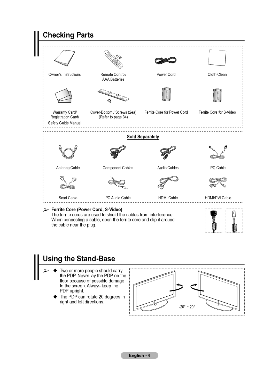 Samsung PS50A410, PS42A410 manual Checking Parts, Using the Stand-Base, Sold Separately, Ferrite Core Power Cord, S-Video 