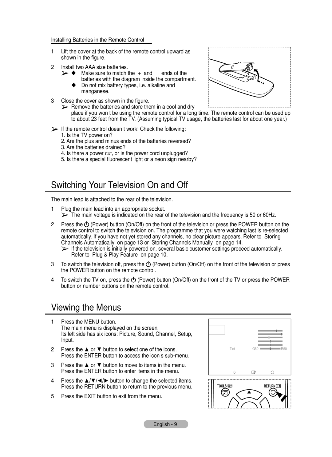 Samsung PS42A410, PS50A410 manual Switching Your Television On and Off, Viewing the Menus 