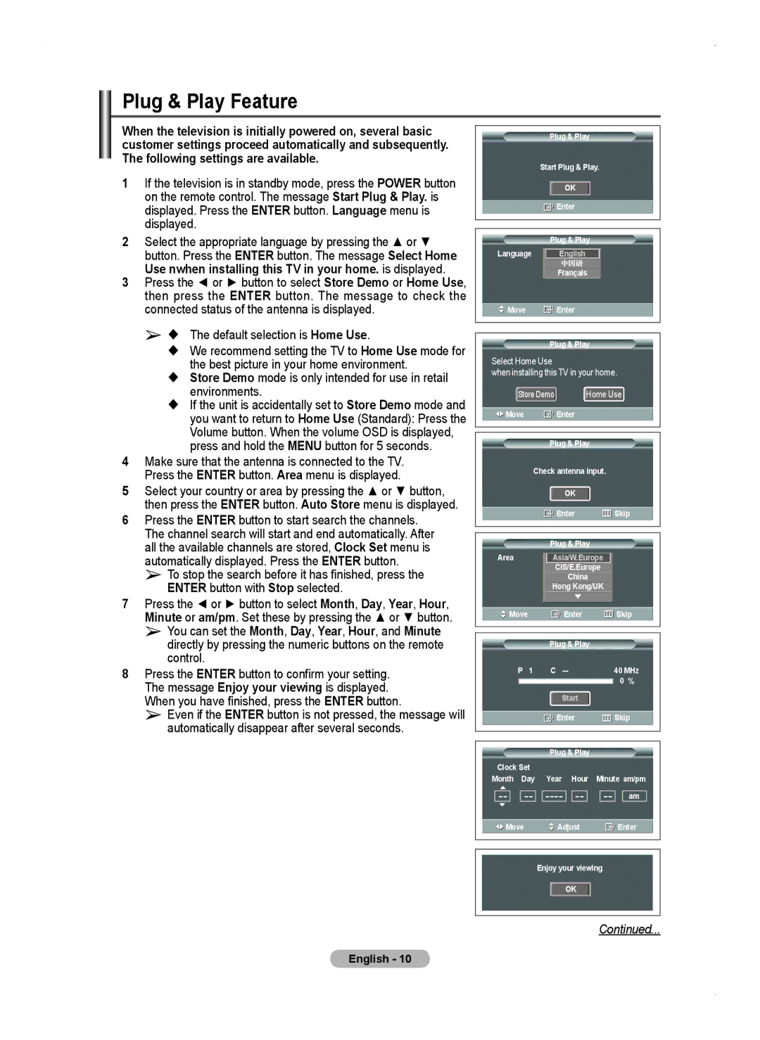 Samsung PS50A450 user manual Plug & Play Feature,  The default selection is Home Use 