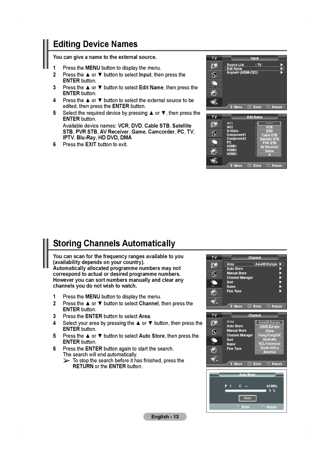 Samsung PS50A450 Editing Device Names, Storing Channels Automatically, You can give a name to the external source 