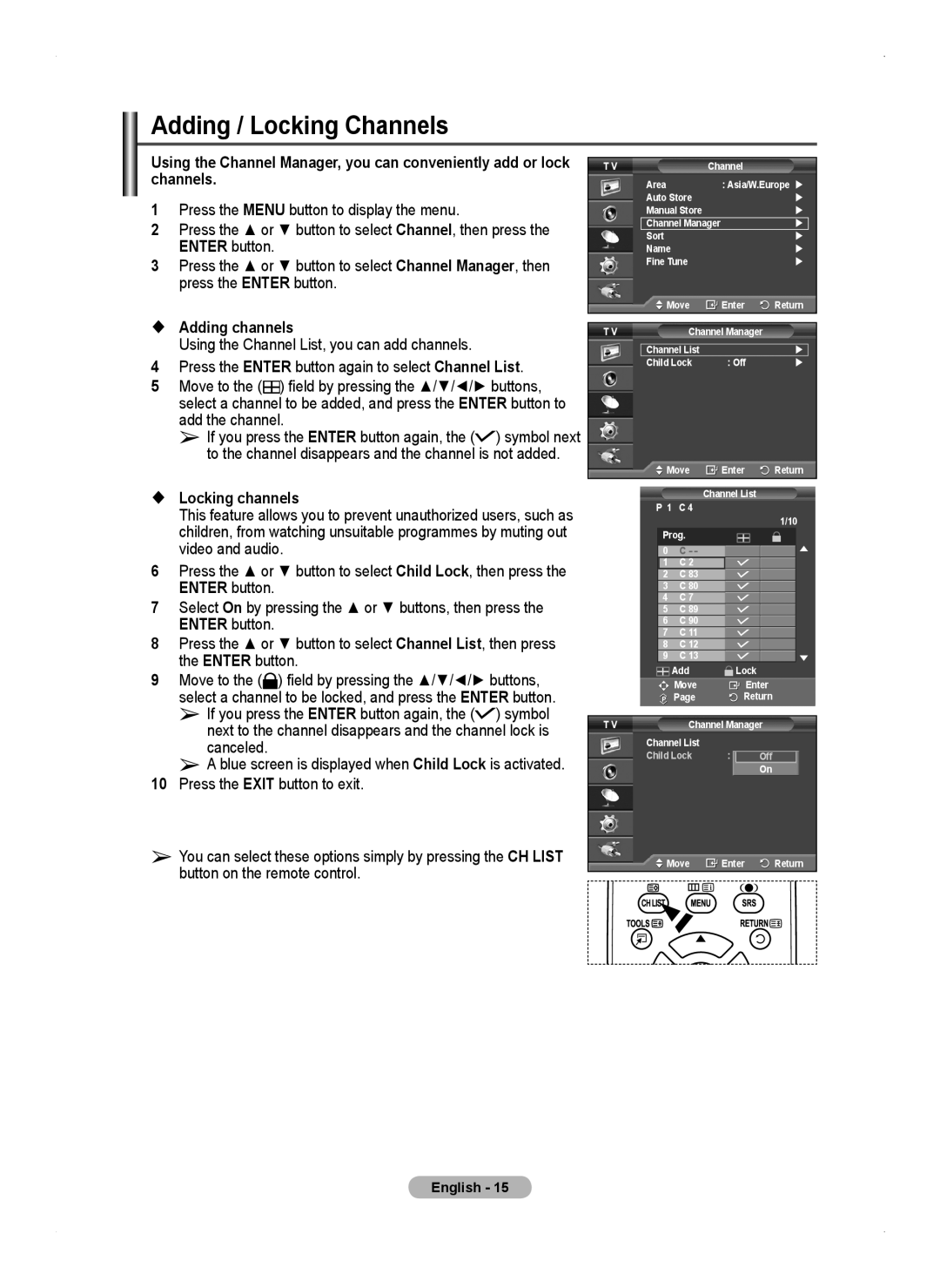 Samsung PS50A450 user manual Adding / Locking Channels,  Adding channels,  Locking channels, Canceled 