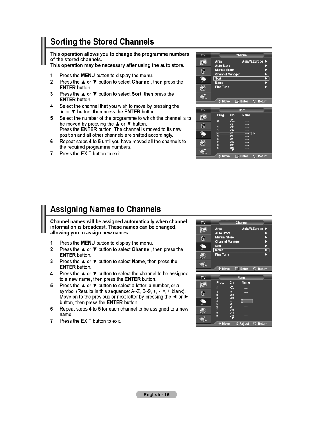 Samsung PS50A450 user manual Sorting the Stored Channels, Assigning Names to Channels 