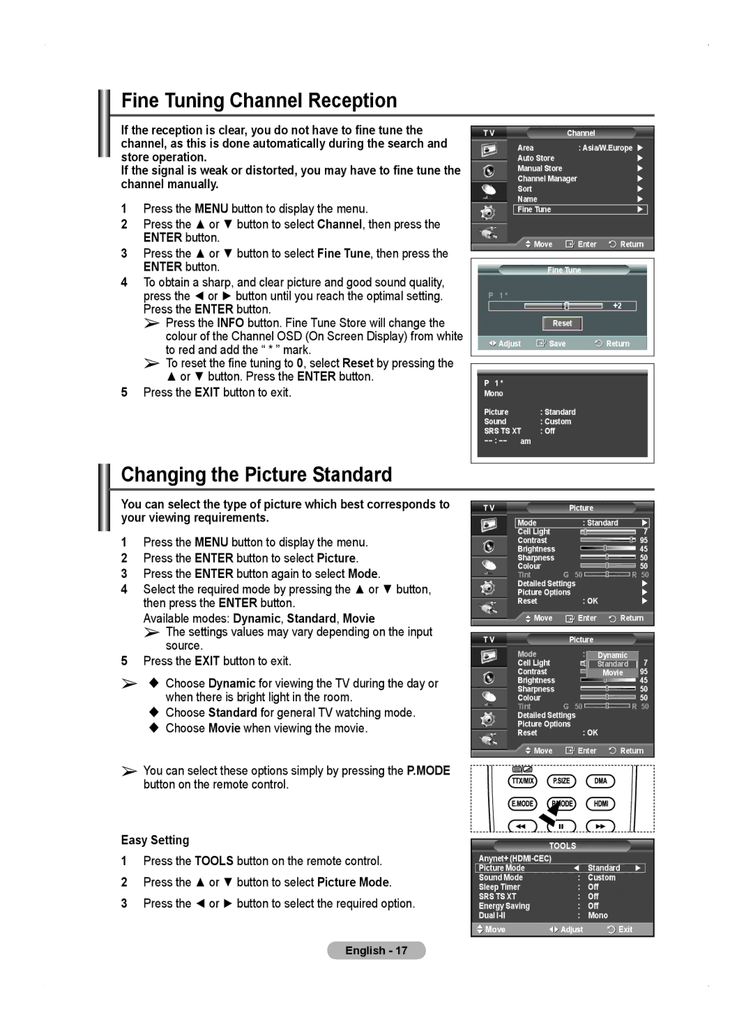 Samsung PS50A450 user manual Fine Tuning Channel Reception, Changing the Picture Standard, Easy Setting 