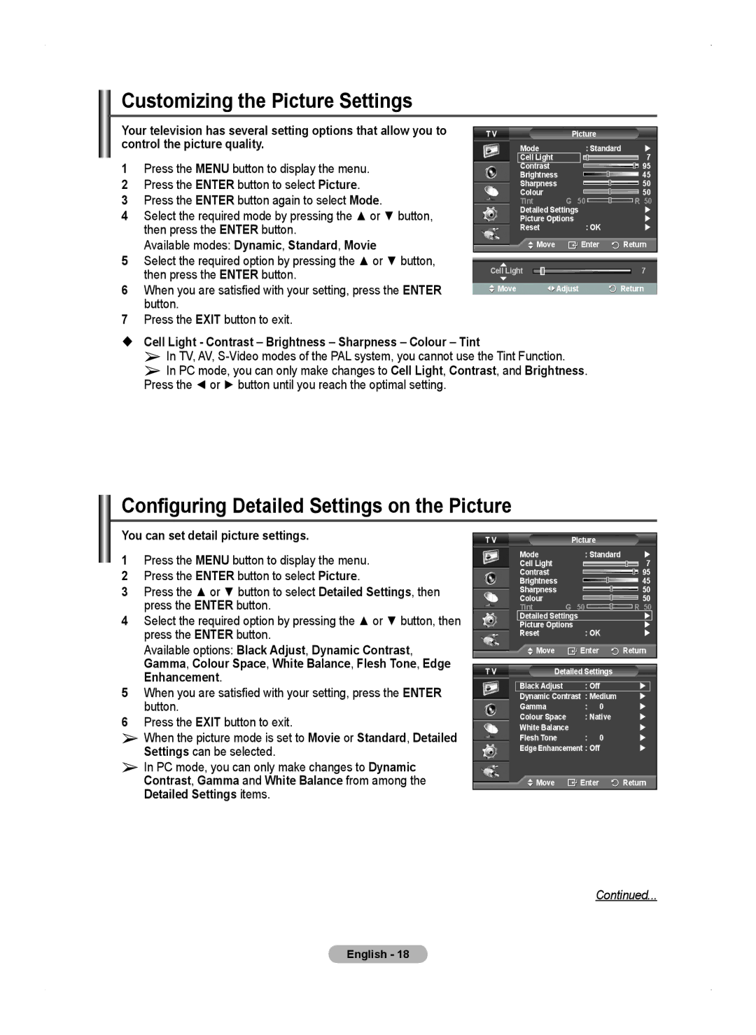 Samsung PS50A450 user manual Customizing the Picture Settings, Configuring Detailed Settings on the Picture 