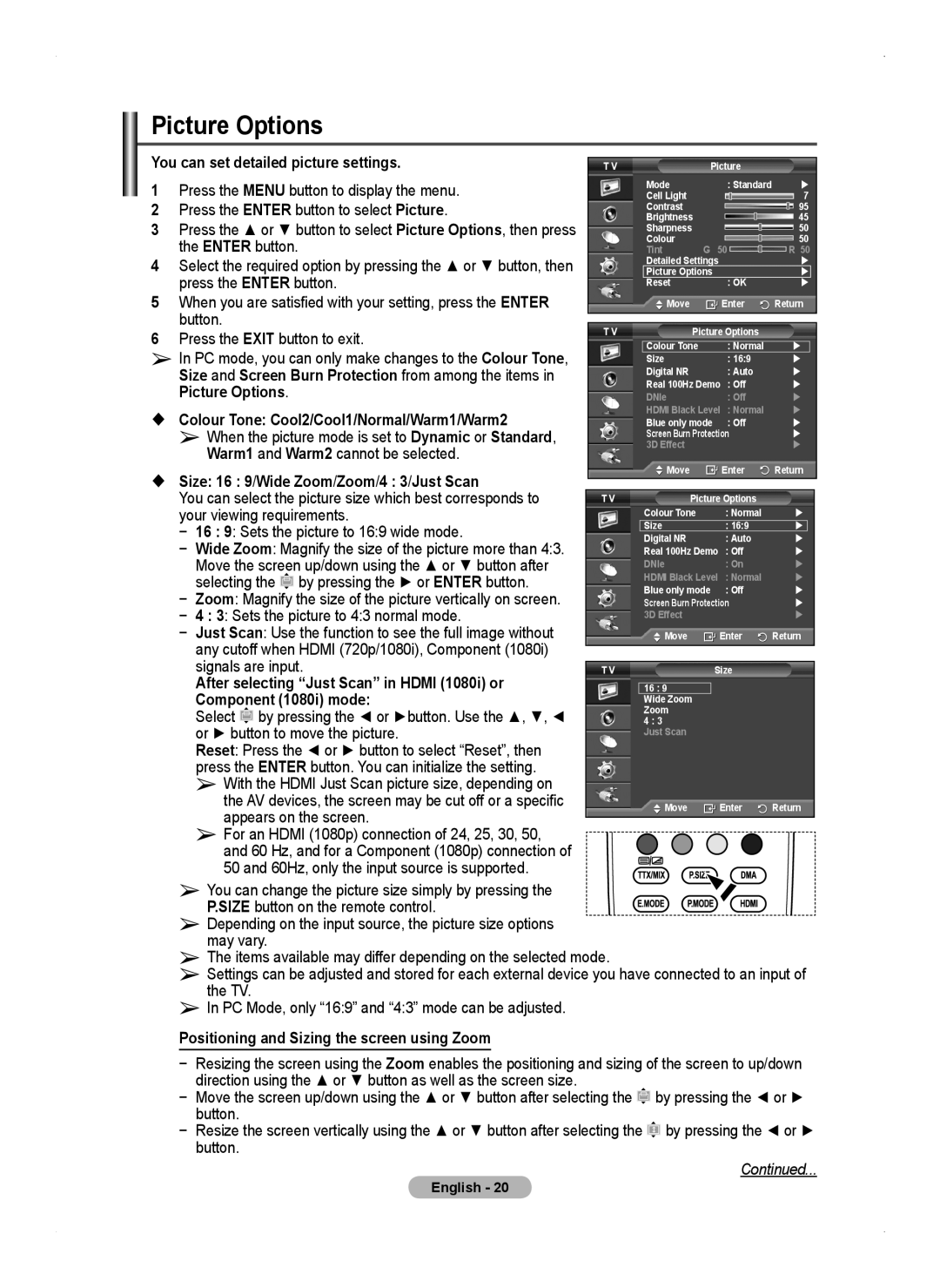 Samsung PS50A450 Picture Options, You can set detailed picture settings,  Colour Tone Cool2/Cool1/Normal/Warm1/Warm2 