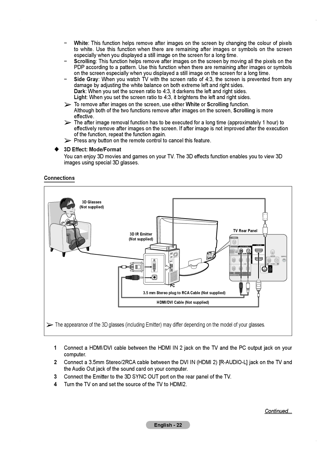 Samsung PS50A450 user manual  D Effect Mode/Format, Connections 