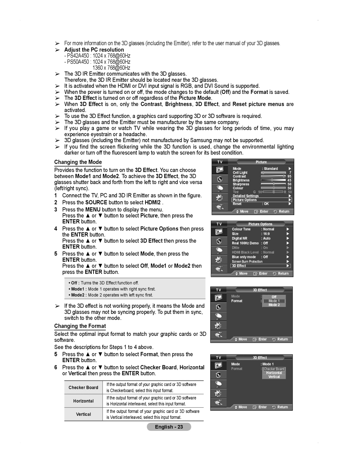 Samsung PS50A450 user manual  Adjust the PC resolution, Changing the Mode, Changing the Format 