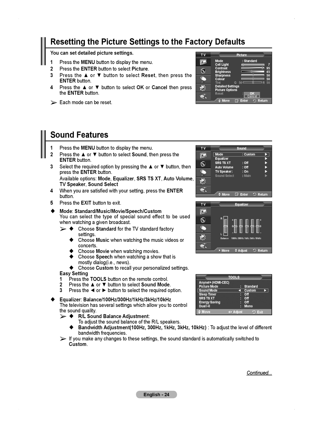 Samsung PS50A450 user manual Resetting the Picture Settings to the Factory Defaults, Sound Features 