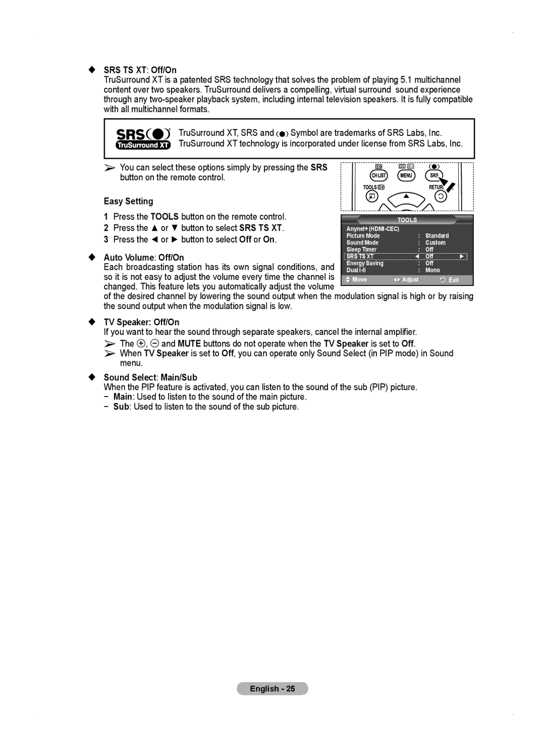 Samsung PS50A450 Press the or button to select SRS TS XT, Press the or button to select Off or On,  Auto Volume Off/On 