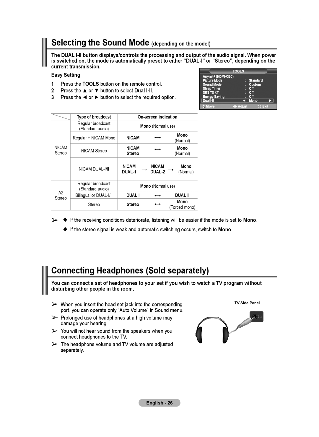 Samsung PS50A450 Selecting the Sound Mode depending on the model, Connecting Headphones Sold separately, Easy Setting 