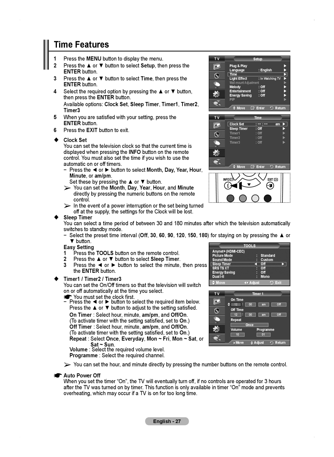 Samsung PS50A450 user manual Time Features 