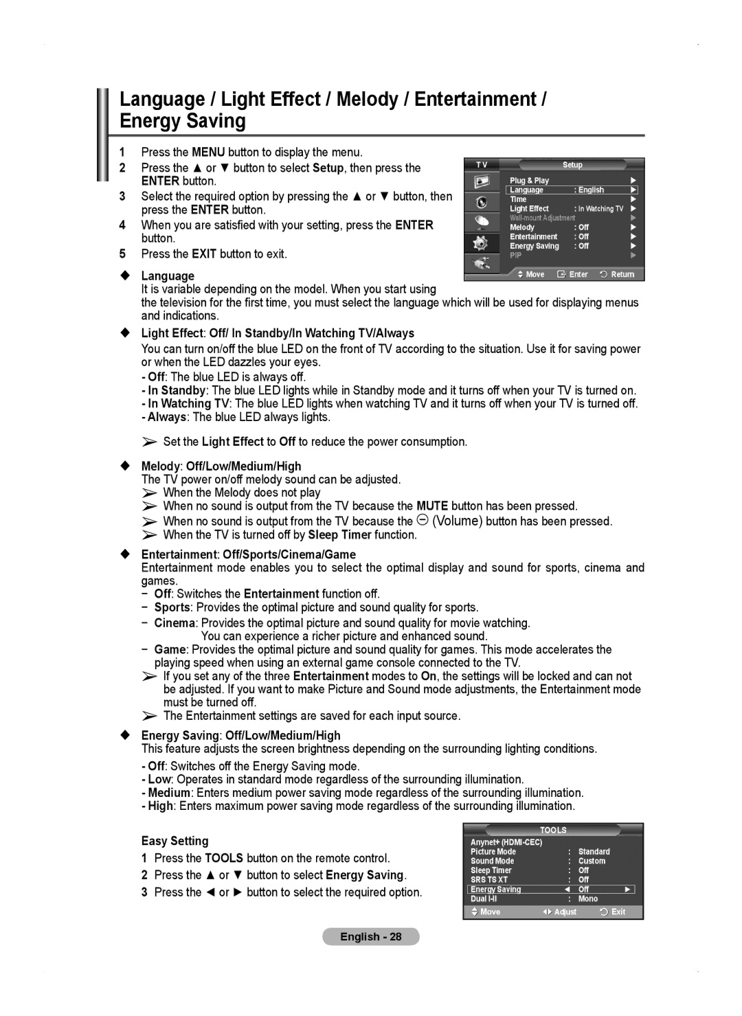 Samsung PS50A450 user manual Press the or button to select Setup, then press,  Language, Indications 