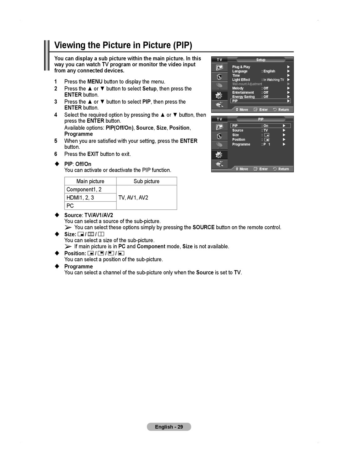 Samsung PS50A450 user manual Viewing the Picture in Picture PIP 