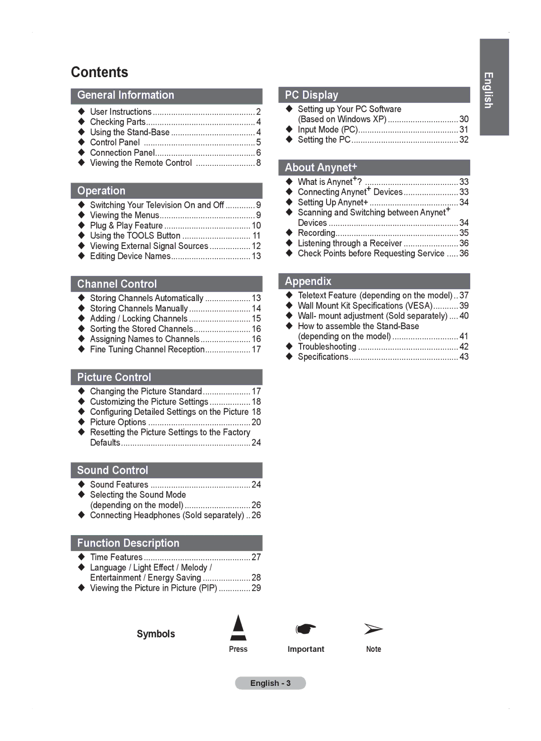 Samsung PS50A450 user manual Contents 