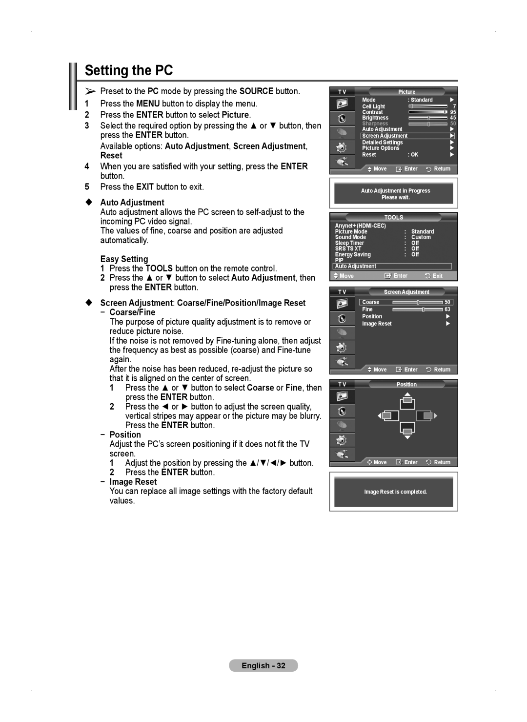 Samsung PS50A450 user manual Setting the PC 