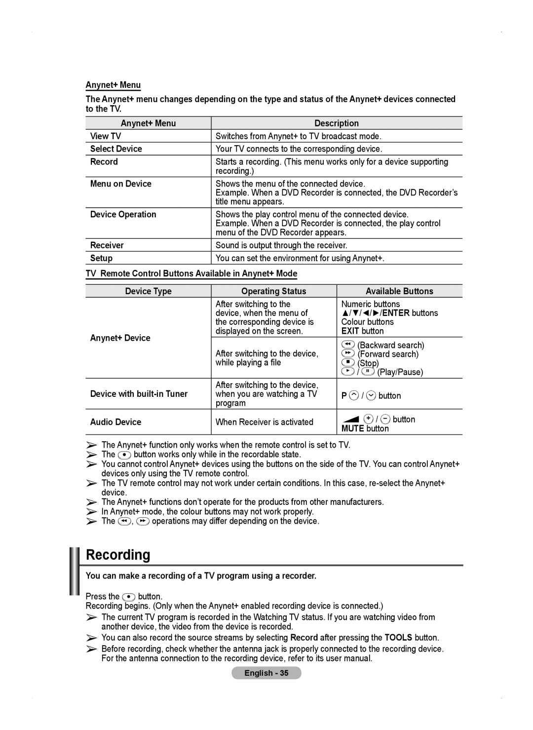 Samsung PS50A450 user manual Recording 