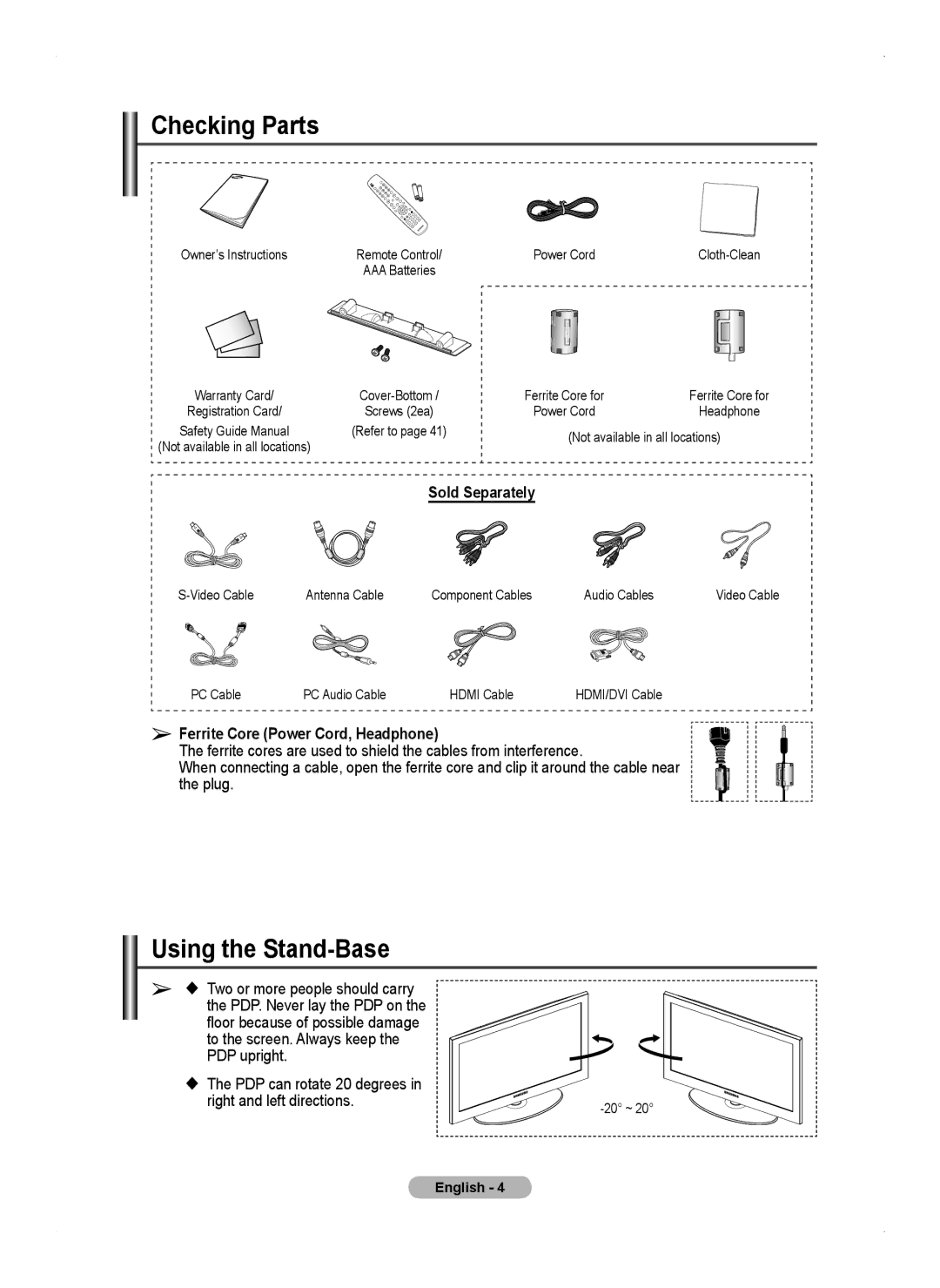 Samsung PS50A450 user manual Checking Parts, Using the Stand-Base, Sold Separately, Ferrite Core Power Cord, Headphone 