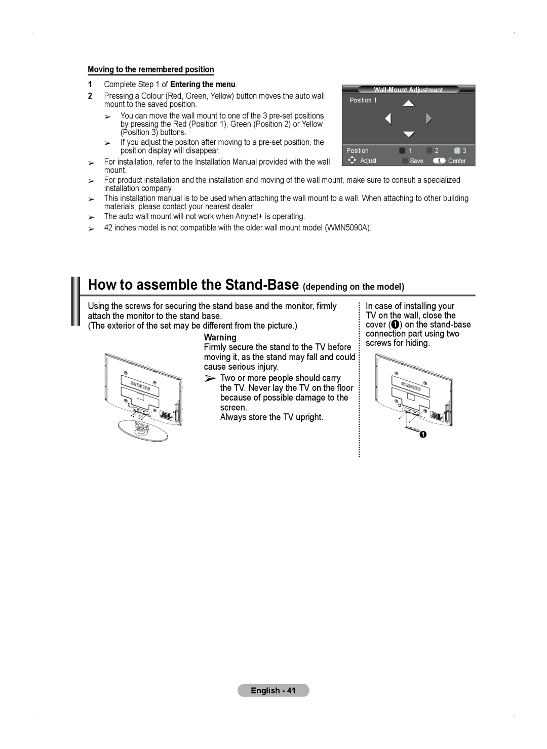 Samsung PS50A450 user manual How to assemble the Stand-Base depending on the model, Moving to the remembered position 
