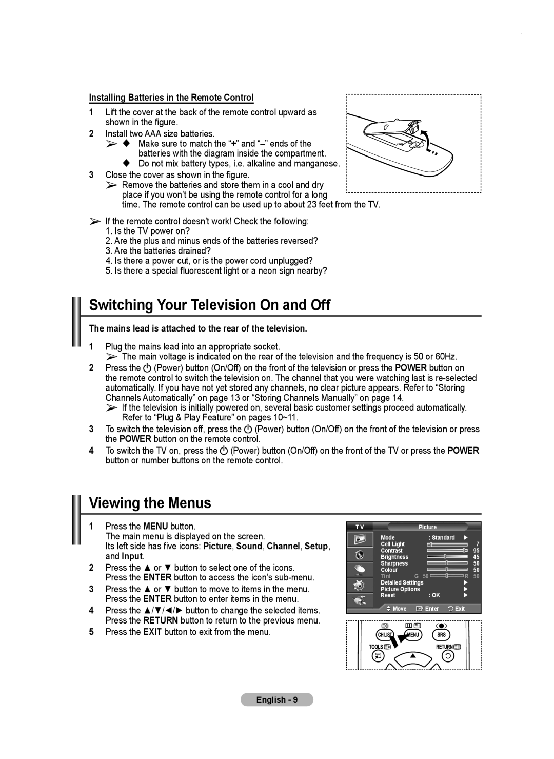 Samsung PS50A450 Switching Your Television On and Off, Viewing the Menus, Installing Batteries in the Remote Control 