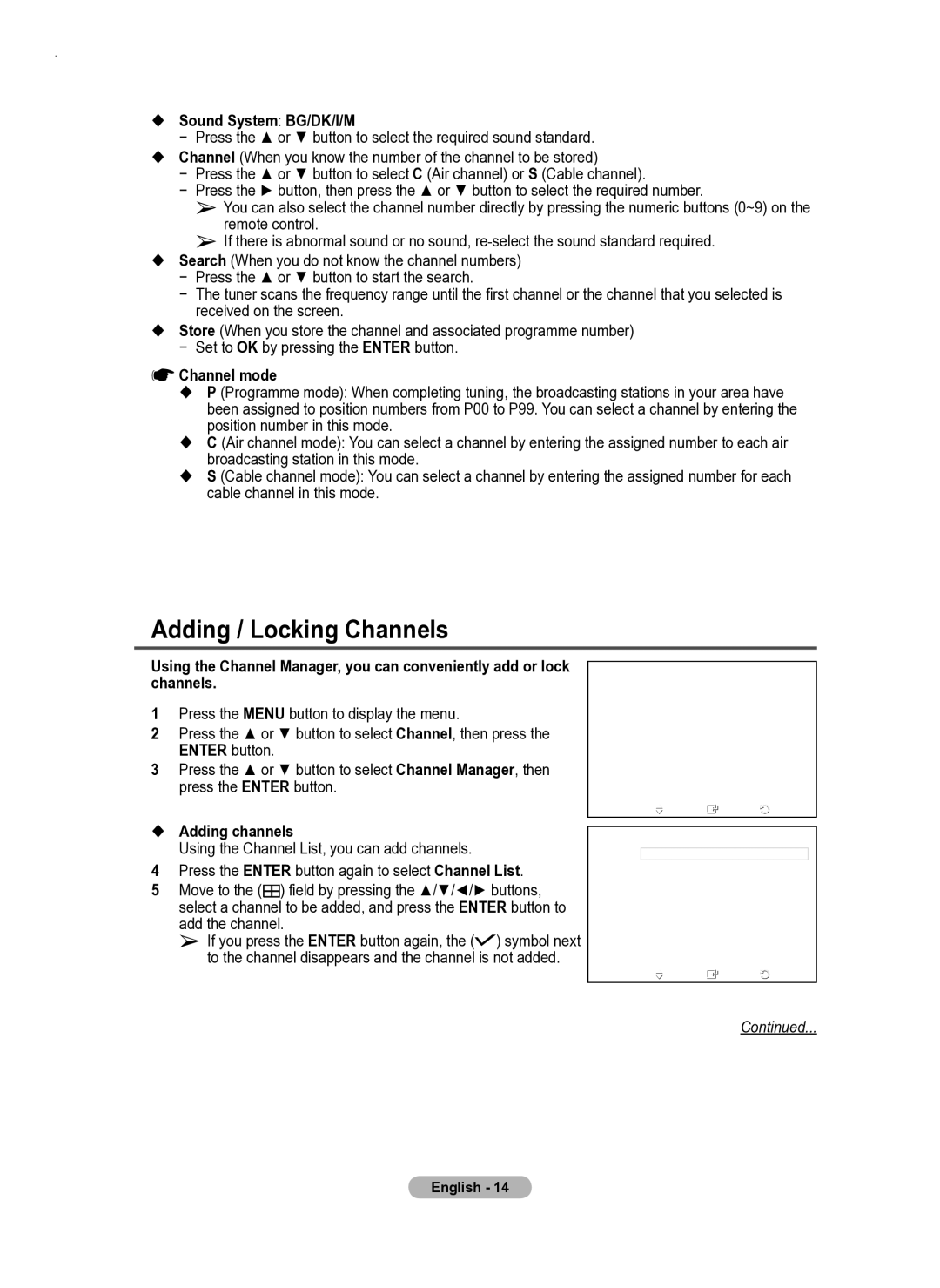 Samsung PS50A550 user manual Adding / Locking Channels,  Sound System BG/DK/I/M, Channel mode,  Adding channels 