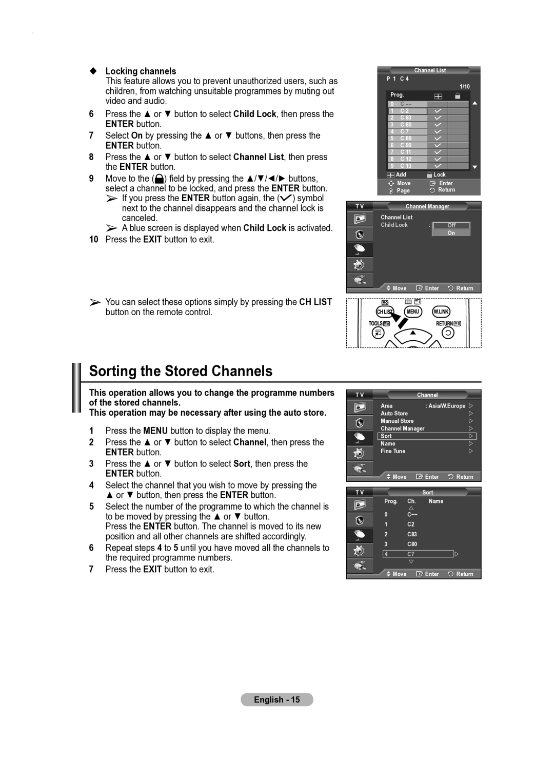 Samsung PS50A550 user manual Sorting the Stored Channels,  Locking channels, Or button, then press the Enter button 