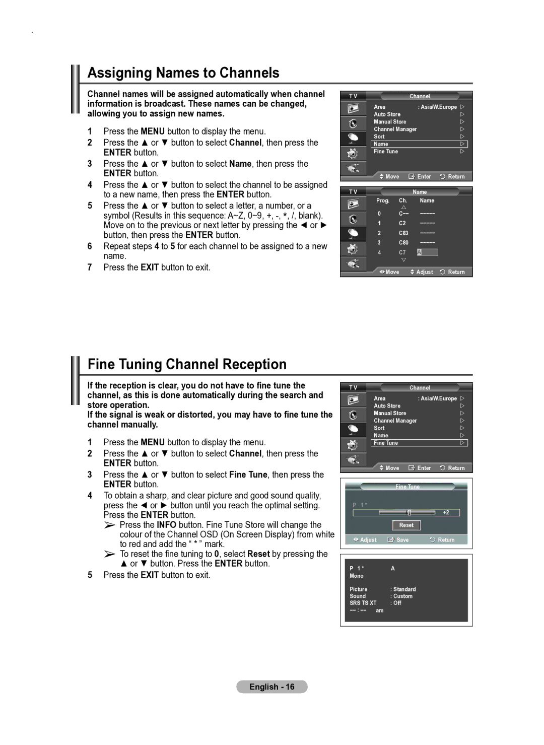 Samsung PS50A550 user manual Assigning Names to Channels, Fine Tuning Channel Reception 