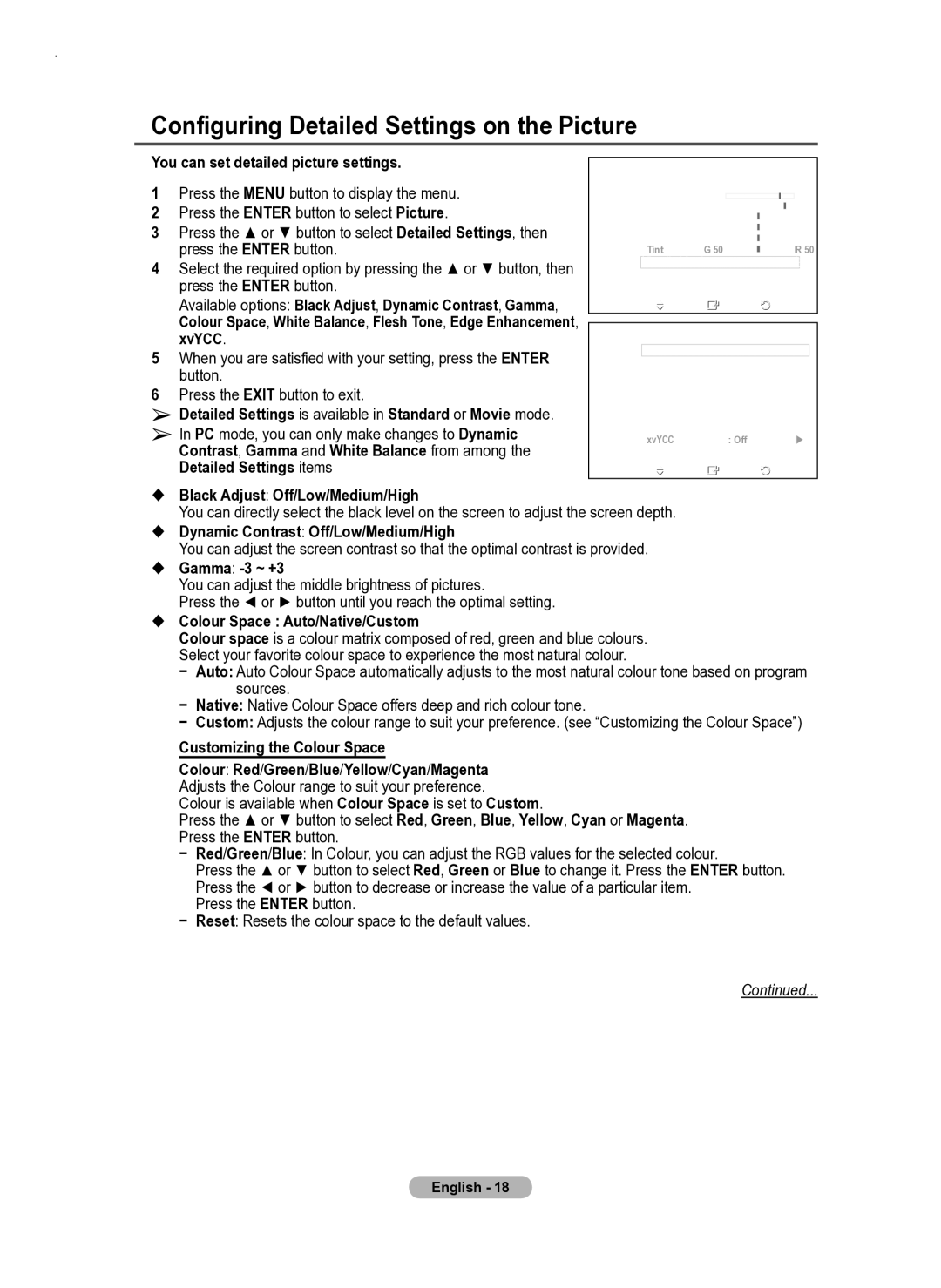 Samsung PS50A550 user manual Configuring Detailed Settings on the Picture 