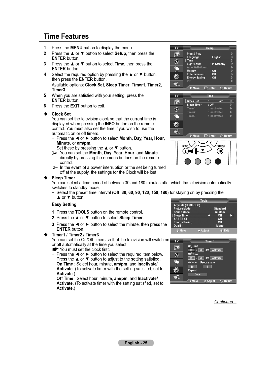 Samsung PS50A550 user manual Time Features, Then press the Enter button 