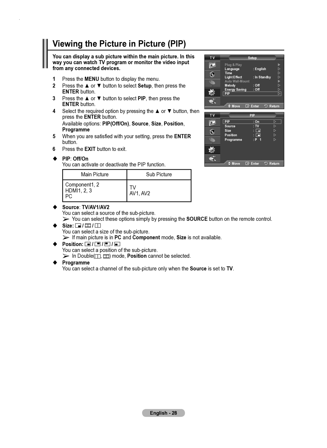 Samsung PS50A550 user manual Viewing the Picture in Picture PIP 