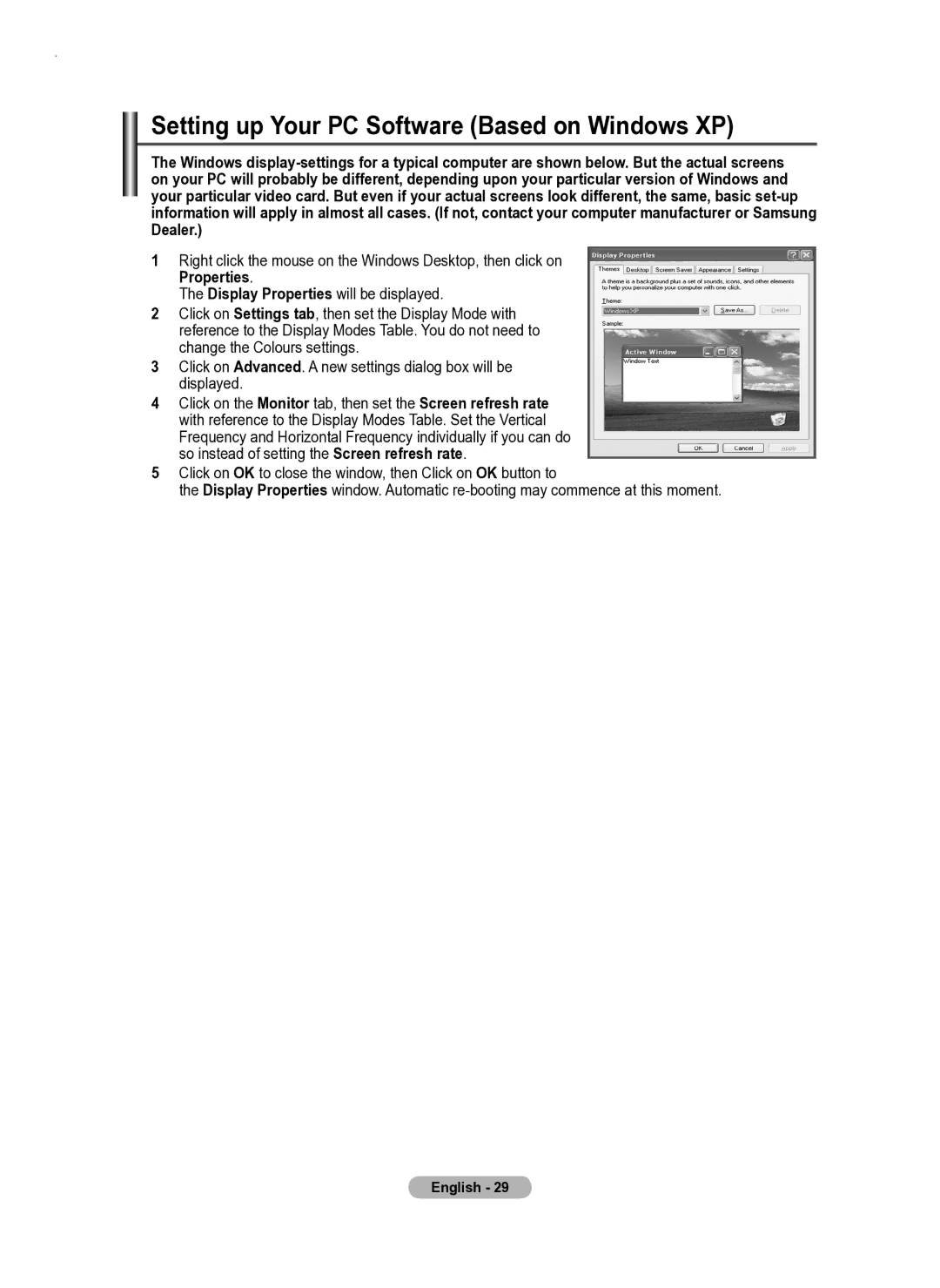 Samsung PS50A550 user manual Setting up Your PC Software Based on Windows XP 