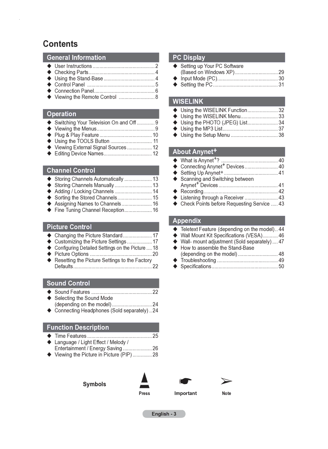 Samsung PS50A550 user manual Contents 