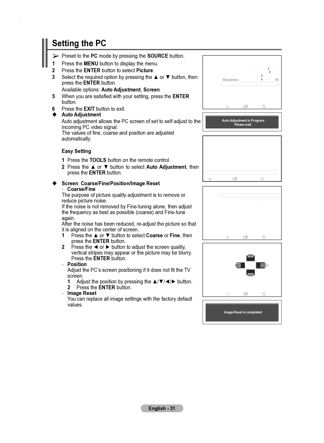 Samsung PS50A550 user manual Setting the PC,  Auto Adjustment,  Screen Coarse/Fine/Position/Image Reset 