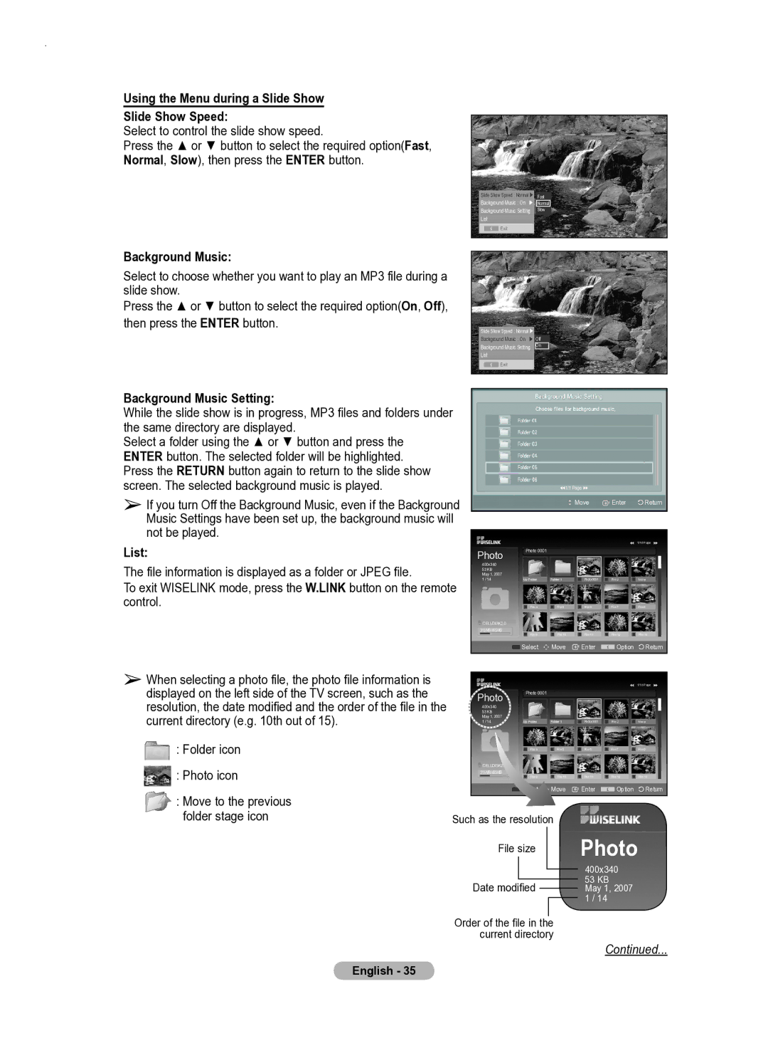 Samsung PS50A550 user manual Using the Menu during a Slide Show Slide Show Speed, Background Music Setting, List 