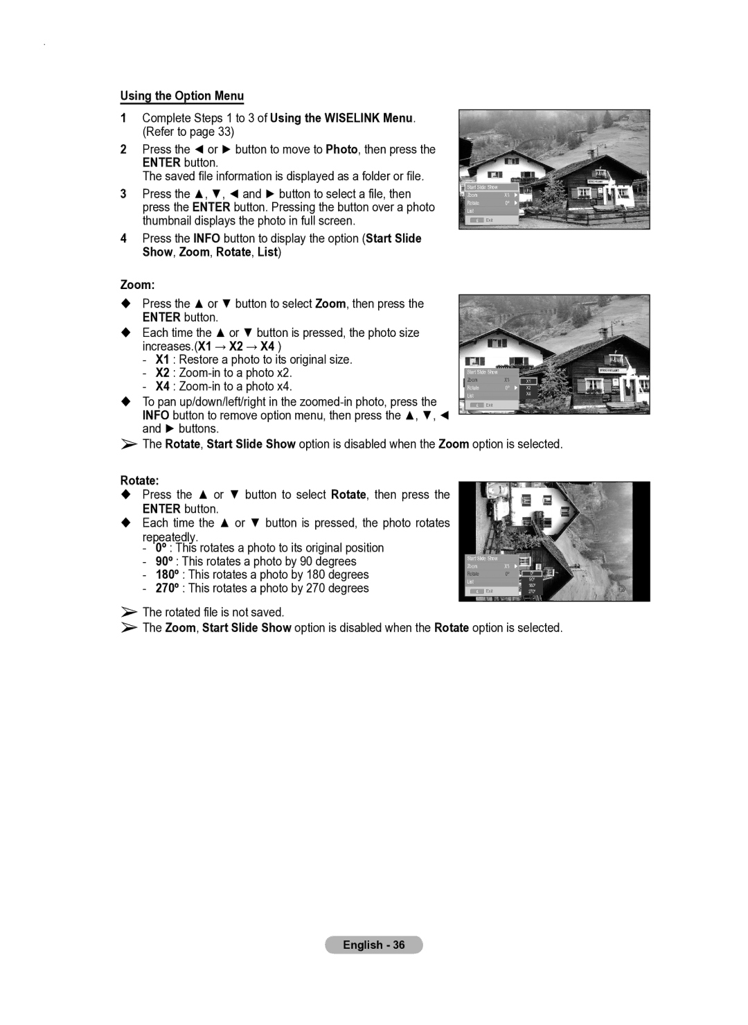 Samsung PS50A550 user manual Using the Option Menu, Zoom, Rotate 