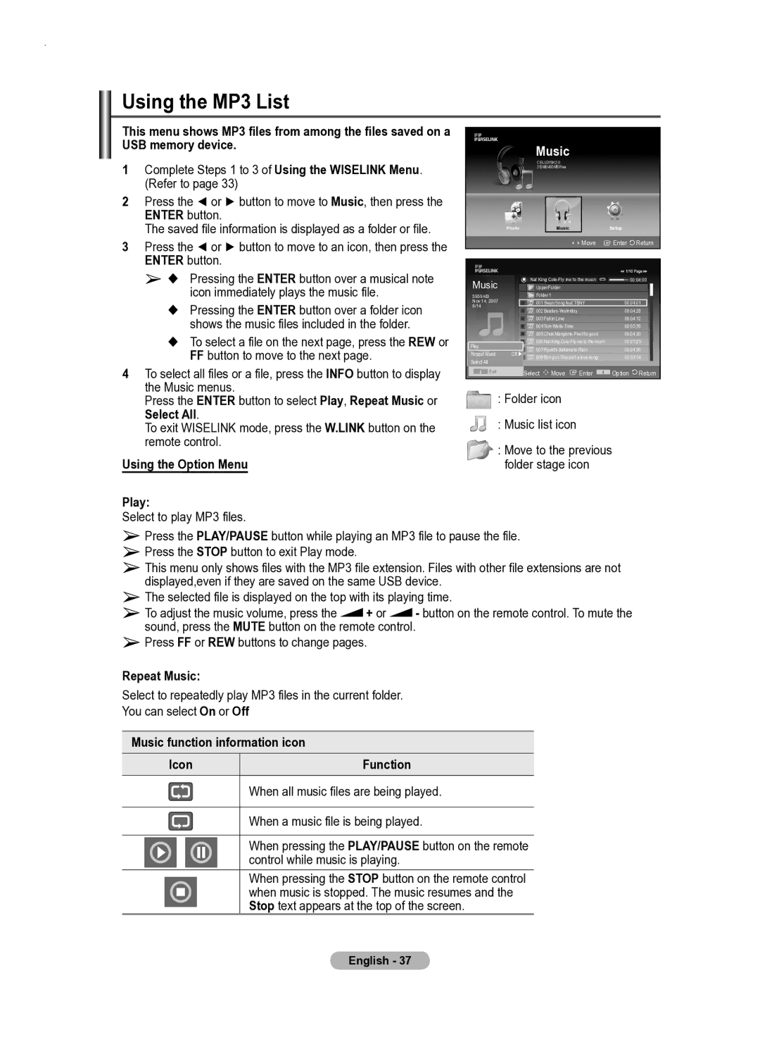 Samsung PS50A550 Using the MP3 List, USB memory device, Play, Repeat Music, Music function information icon Icon Function 