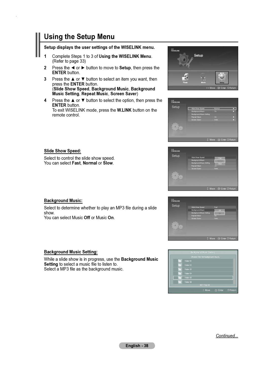 Samsung PS50A550 user manual Using the Setup Menu, Select a MP3 file as the background music 