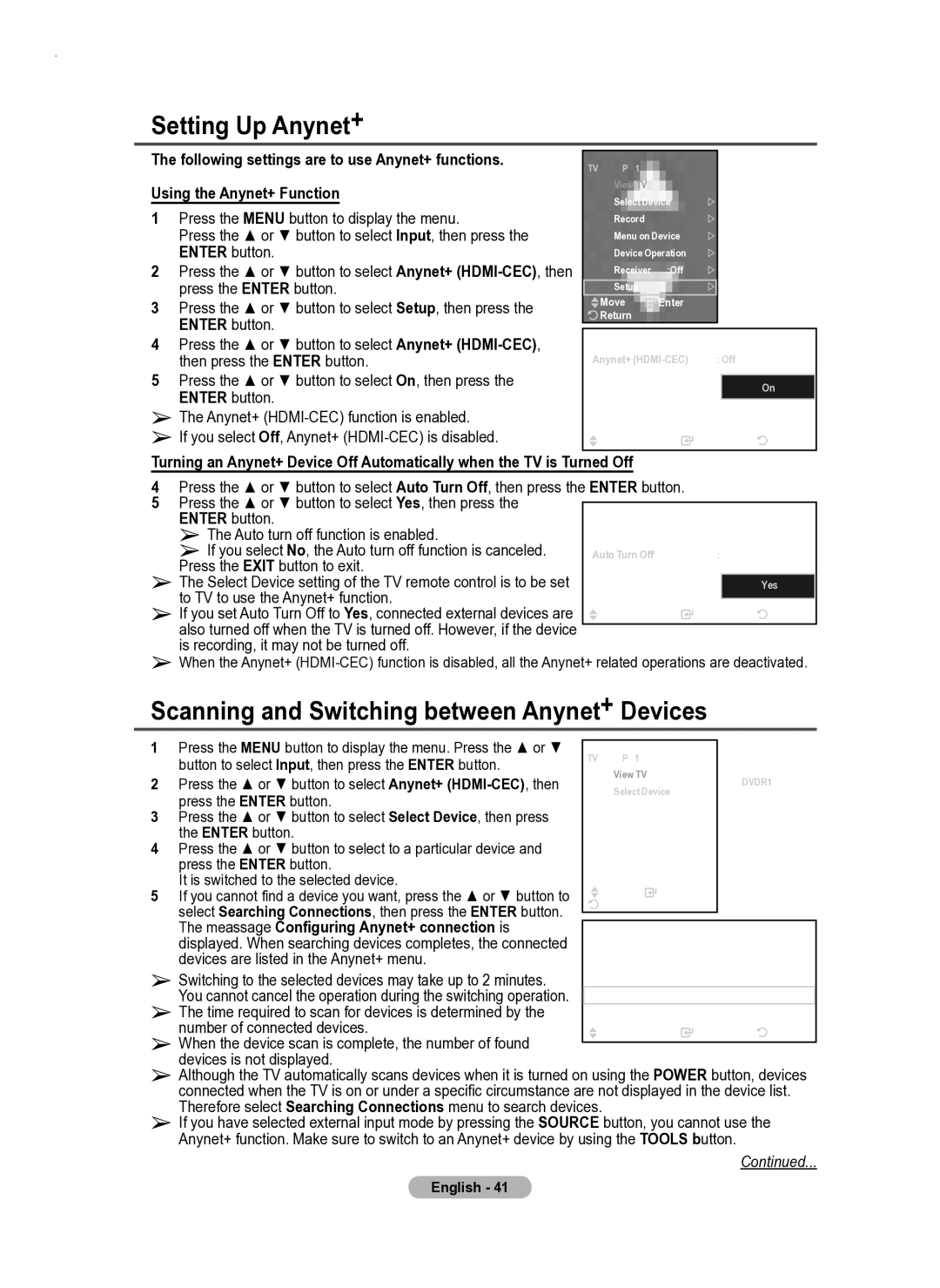 Samsung PS50A550 user manual Setting Up Anynet+, Meassage Configuring Anynet+ connection is 