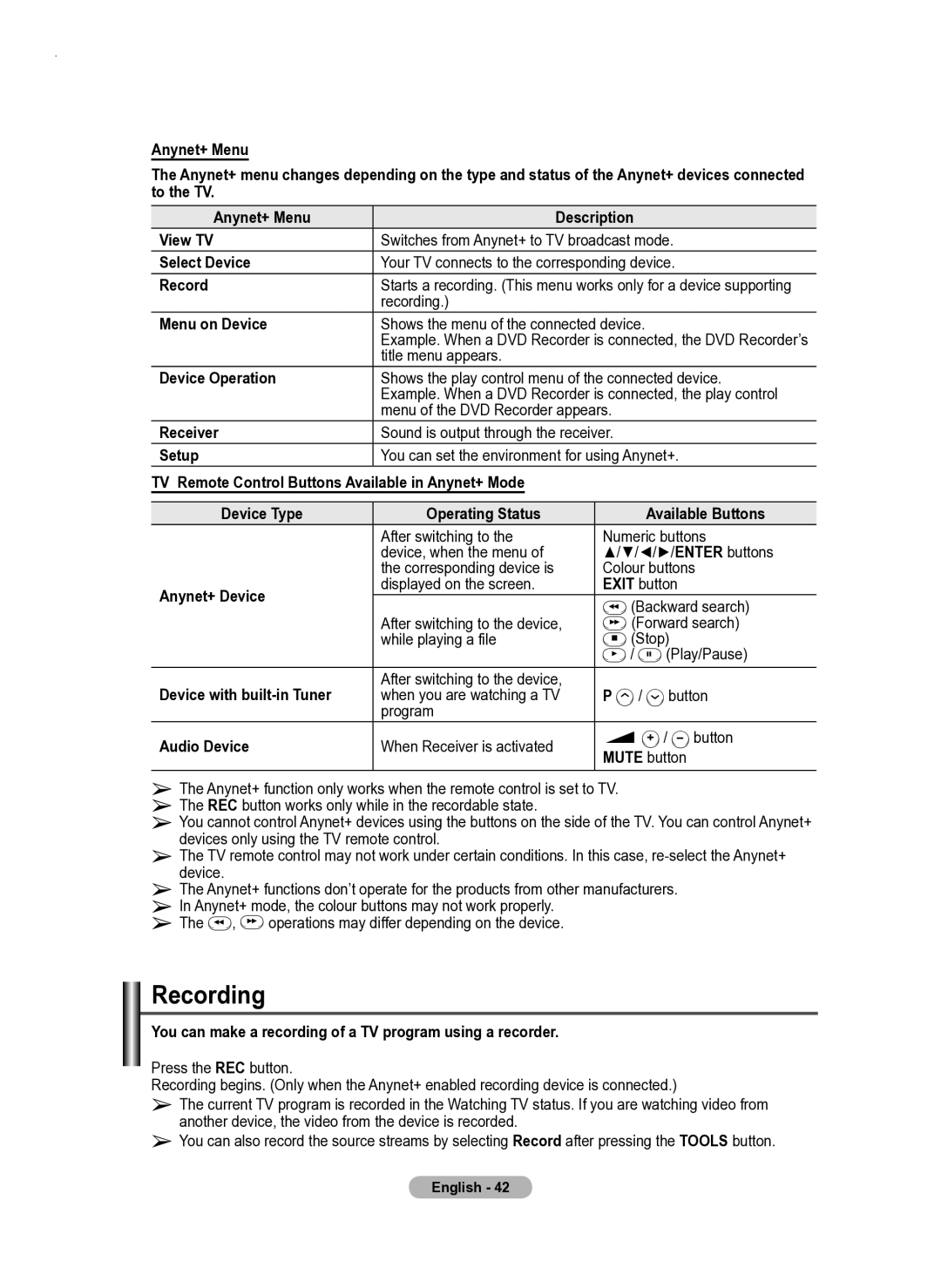 Samsung PS50A550 user manual Recording 