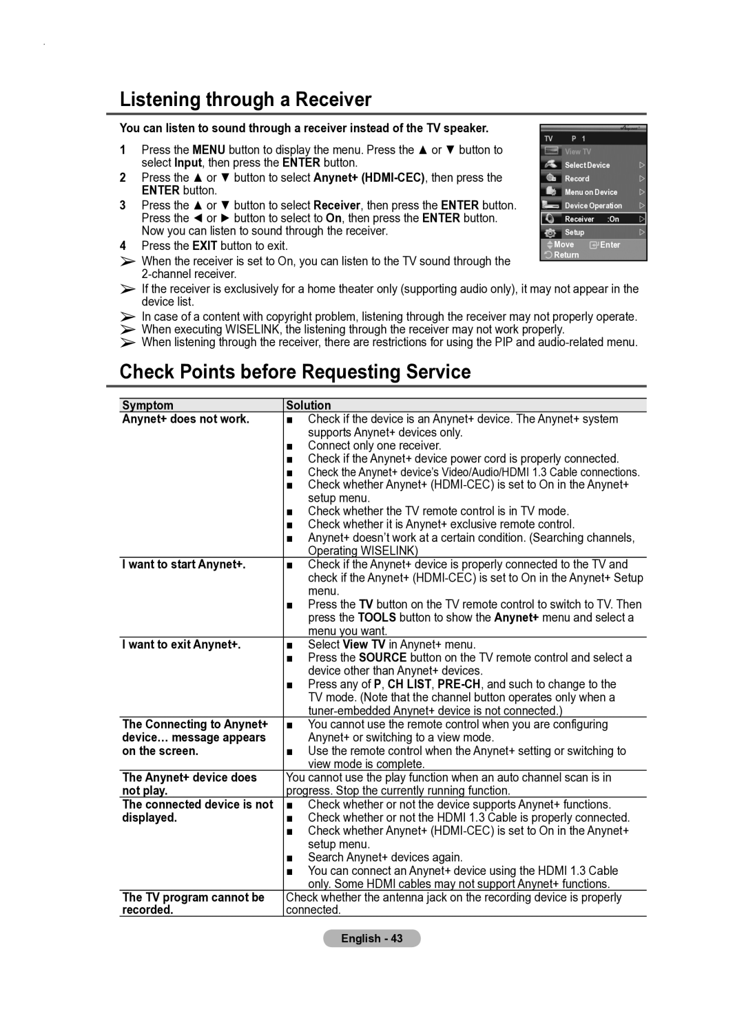 Samsung PS50A550 user manual Check Points before Requesting Service 