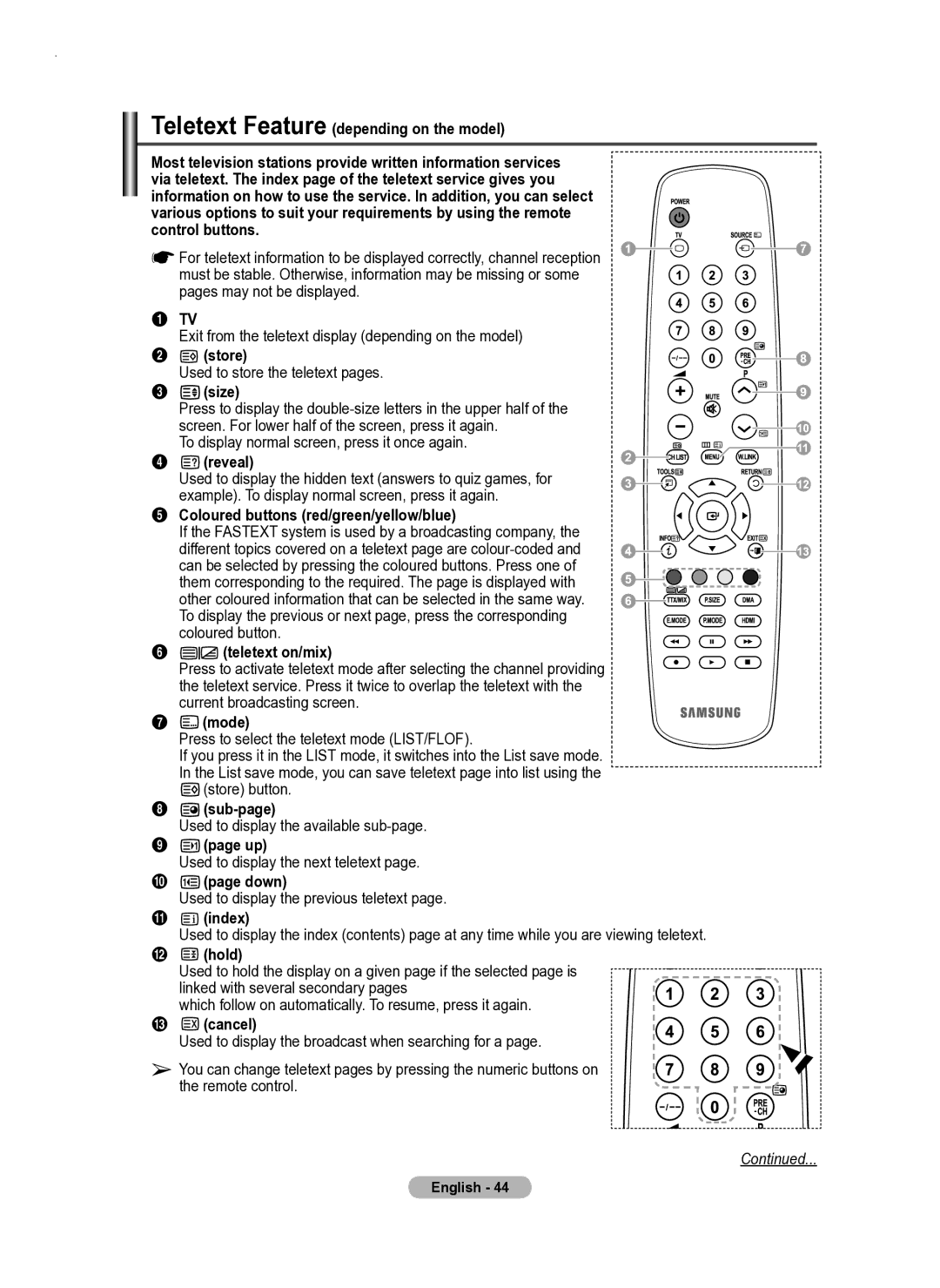 Samsung PS50A550 Teletext Feature depending on the model, Store, Size, Reveal, Coloured buttons red/green/yellow/blue 