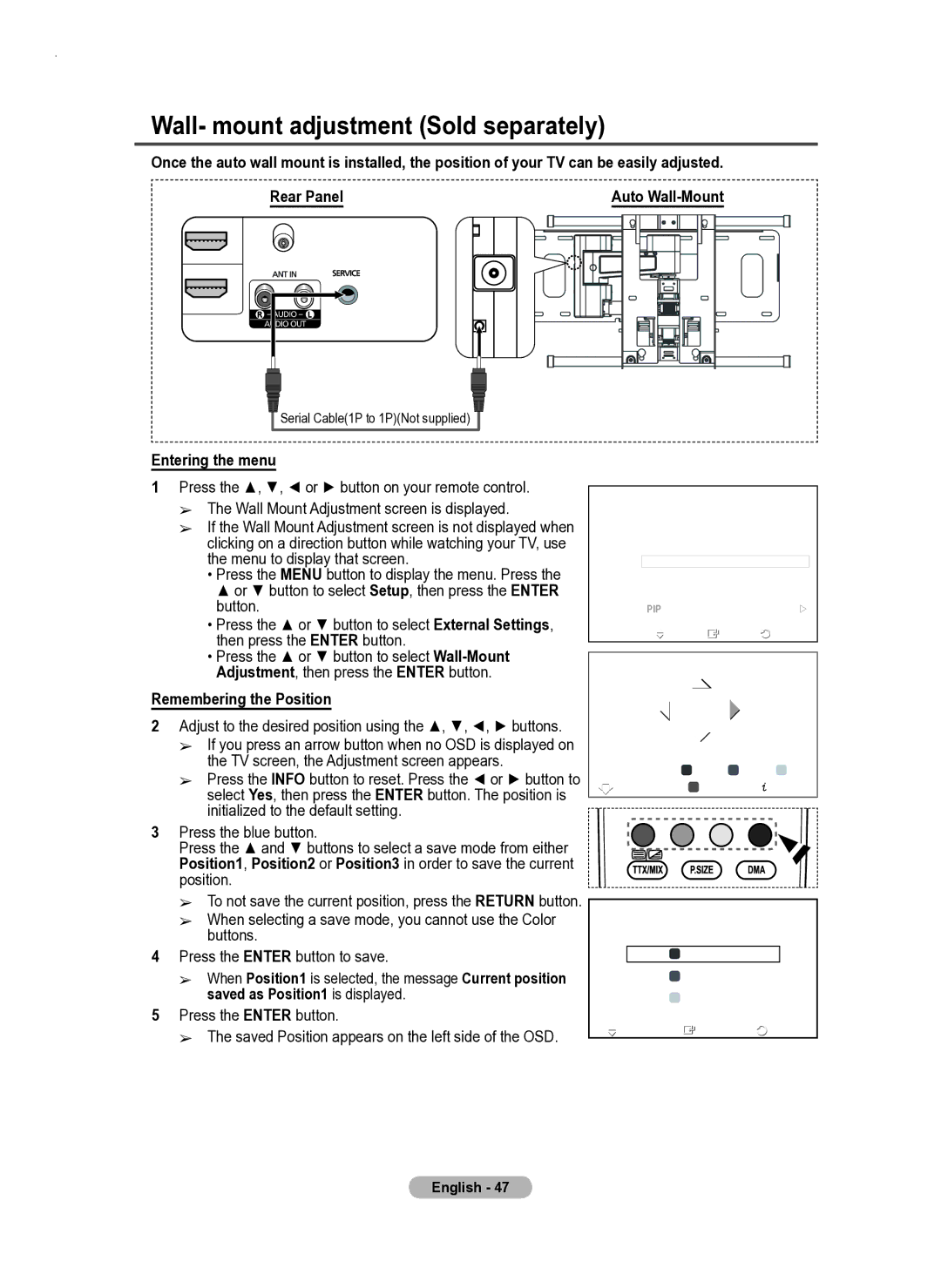 Samsung PS50A550 user manual Wall- mount adjustment Sold separately, Entering the menu, Remembering the Position 