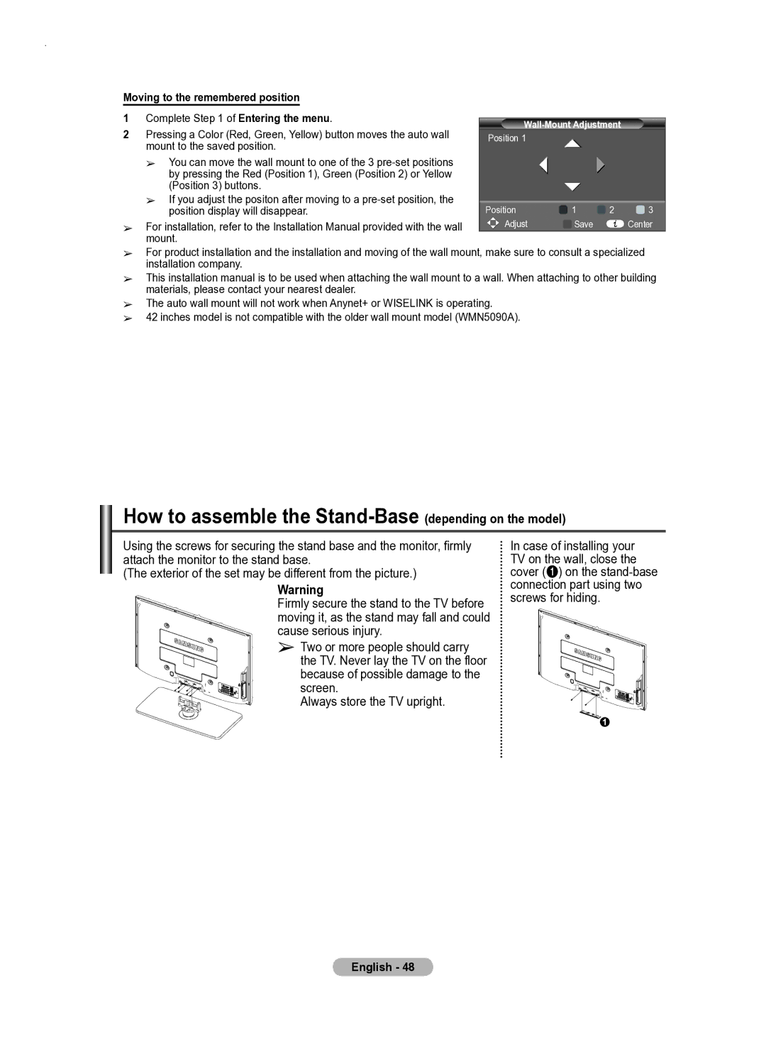 Samsung PS50A550 user manual How to assemble the Stand-Base depending on the model, Moving to the remembered position 