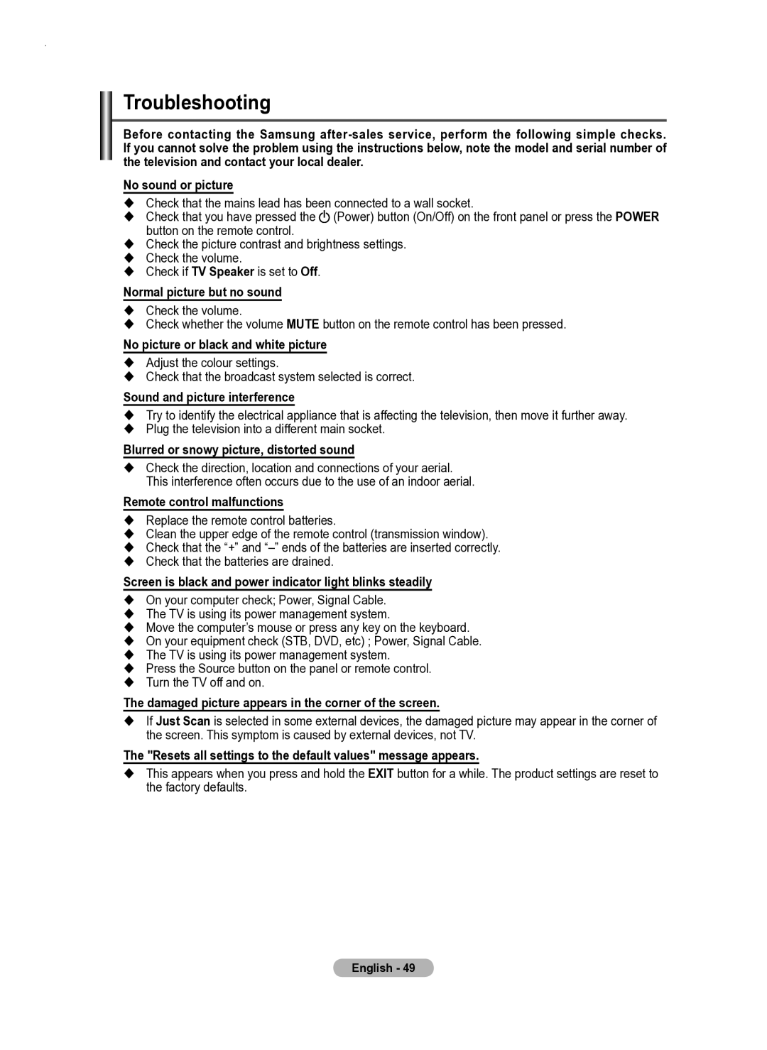 Samsung PS50A550 user manual Troubleshooting 