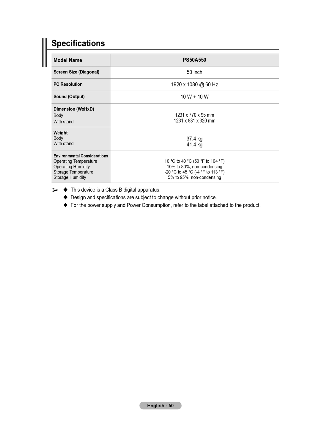 Samsung user manual Specifications, Model Name PS50A550 