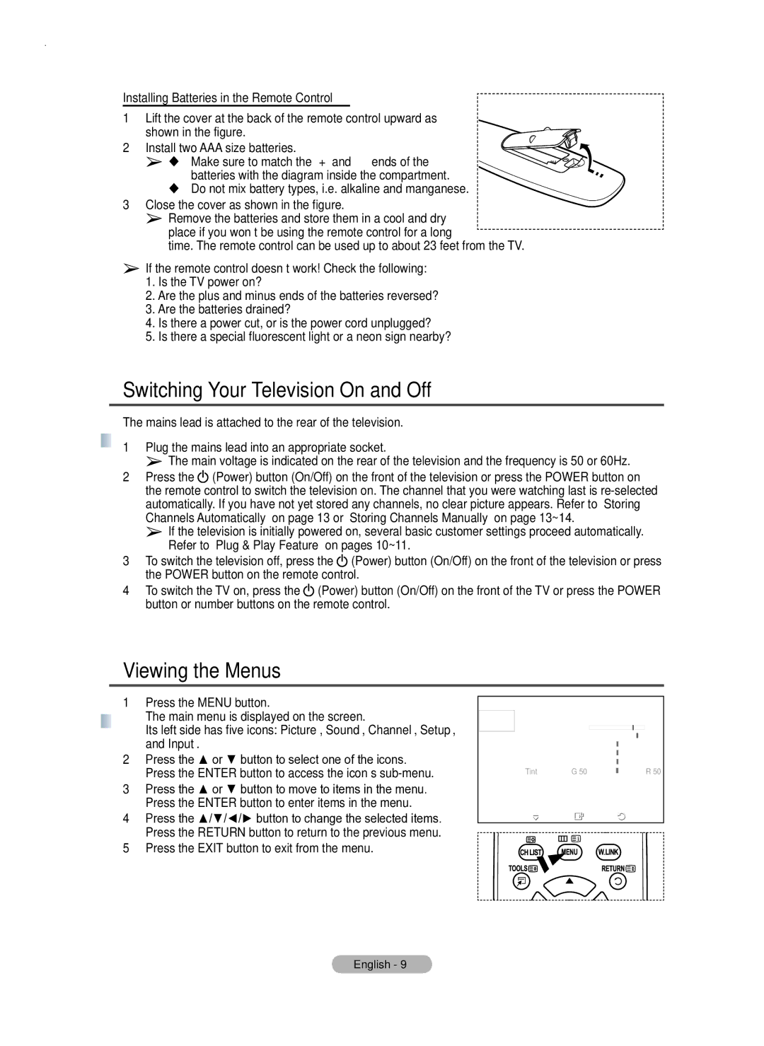 Samsung PS50A550 Switching Your Television On and Off, Viewing the Menus, Installing Batteries in the Remote Control 