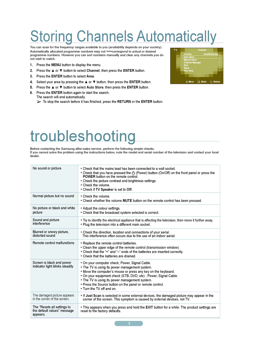 Samsung PS50A550S1R quick start Troubleshooting, Storing Channels Automatically 