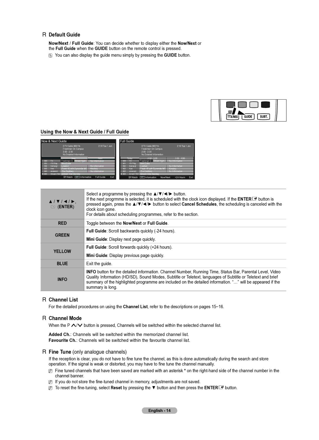 Samsung PS50B430P, PS42B430P manual Default Guide, Channel List, Channel Mode, Using the Now & Next Guide / Full Guide 